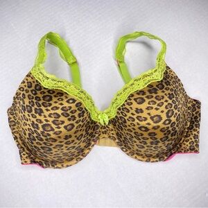 Flirtitude Animal Print Green Lace Trim Bra 40D Underwire Lined Sexy Demi Tshirt